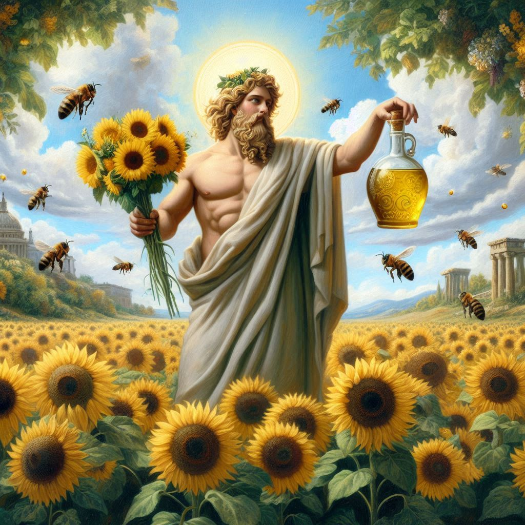 Aristaeus holding a jar of Rapeseed oil in a field of Rapeseed